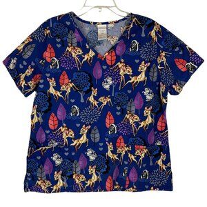 Disney Bambi Scrub Top Womens Large Blue V-Neck Cotton Medical Dental